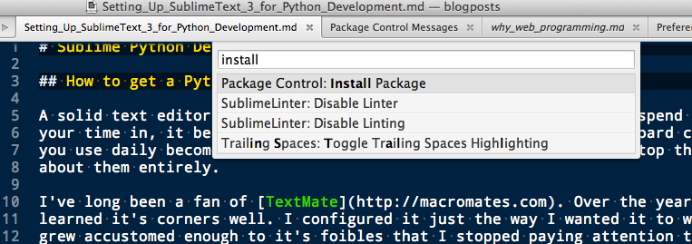 The package control command in the command palette.